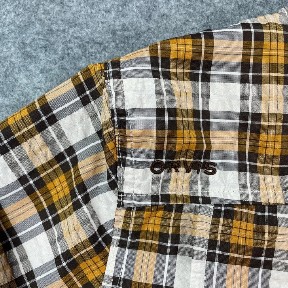 Orvis Mens Shirt L Plaid (Yellow, White, Brown, Gray) Plaid Long Sleeve